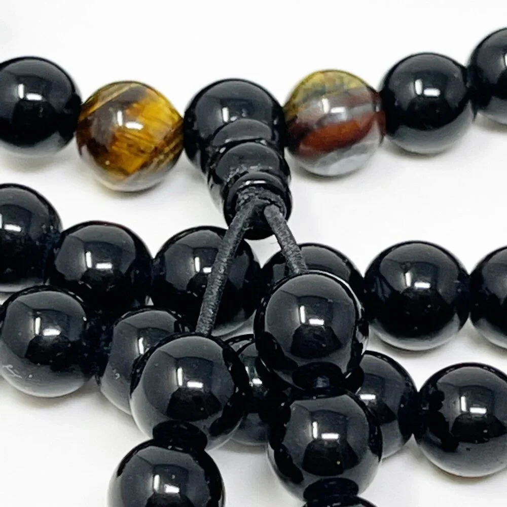 Black Beaded Mala Necklace with Tiger Eye & Gold Script Bead – 36” Prayer Beads